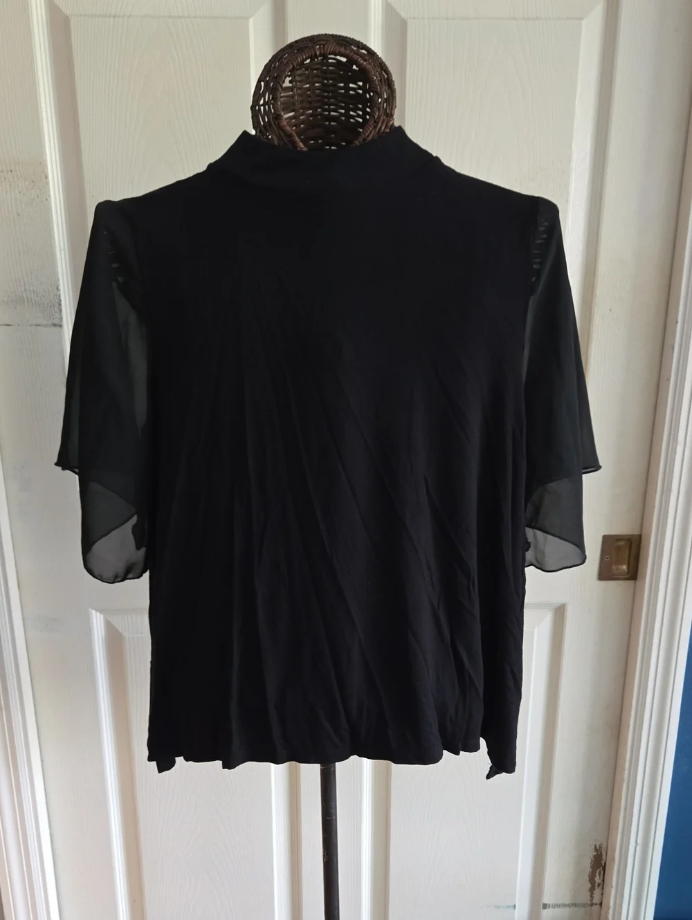 Kim & Cami Black Mock Neck Short Sleeve Top with Sheer Sleeves-Size L